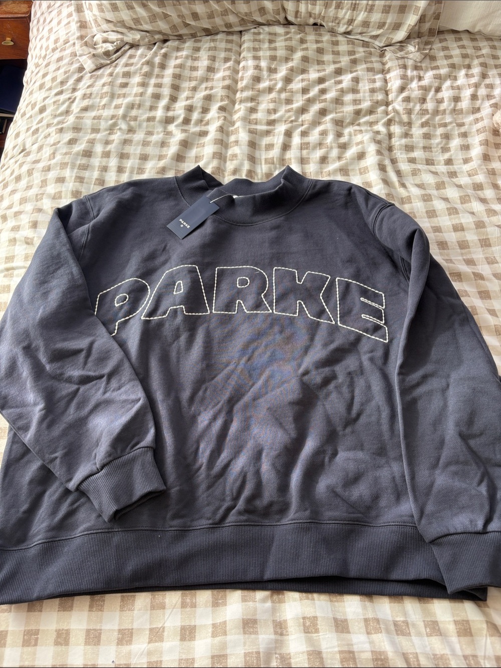 NWT PARKE Navy Mockneck Sweatshirt with Contrasting White Stitching